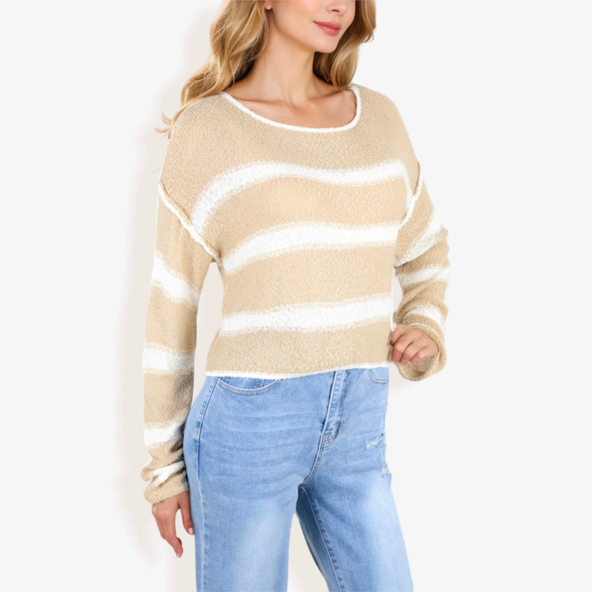 Anna-Kaci Women's Long Sleeve Striped Sweater With Crew Neck, Cropped Fit