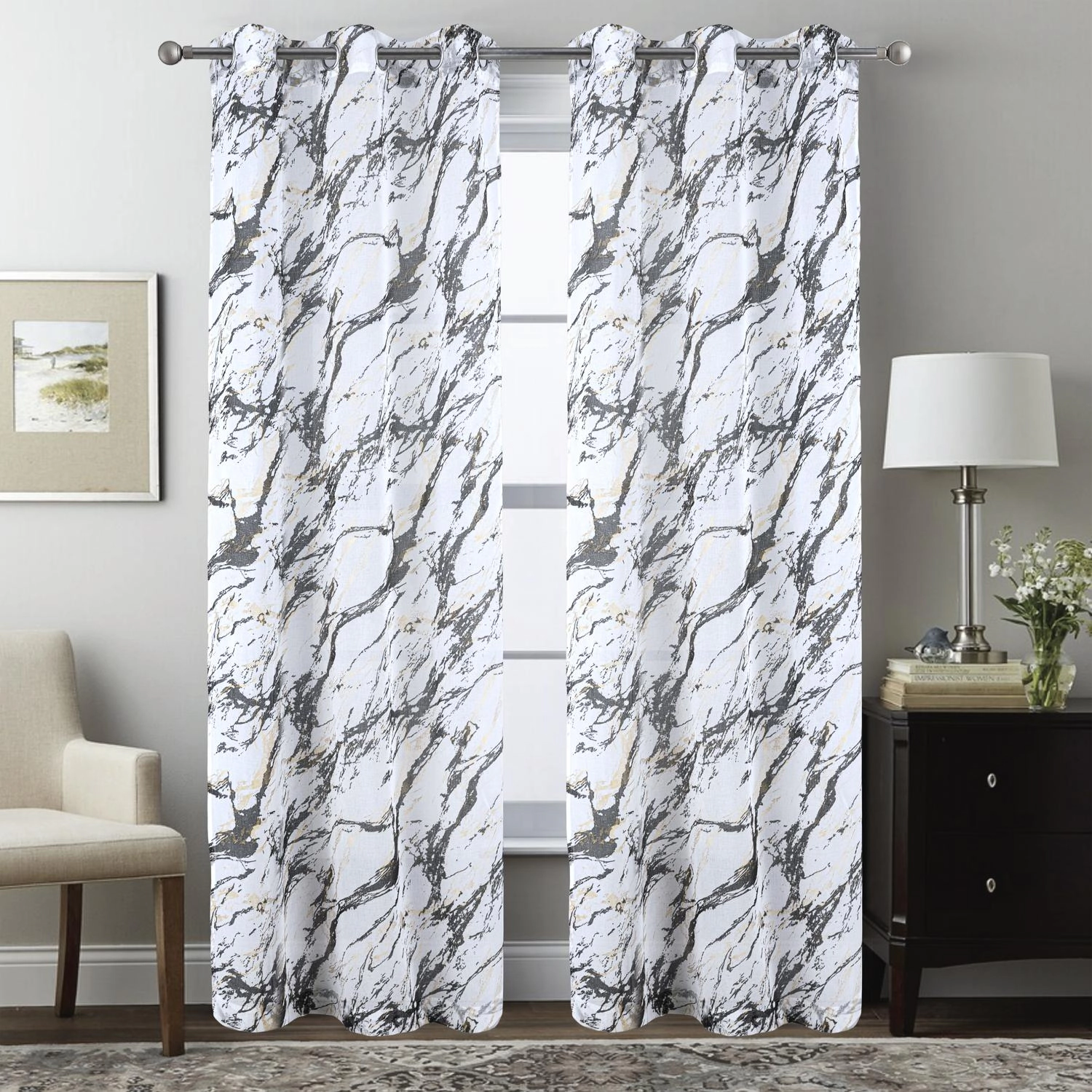 RT Designers Collection Marble Grommet Metallic Sheer Printed Doily Curtain Panel 54" x 84