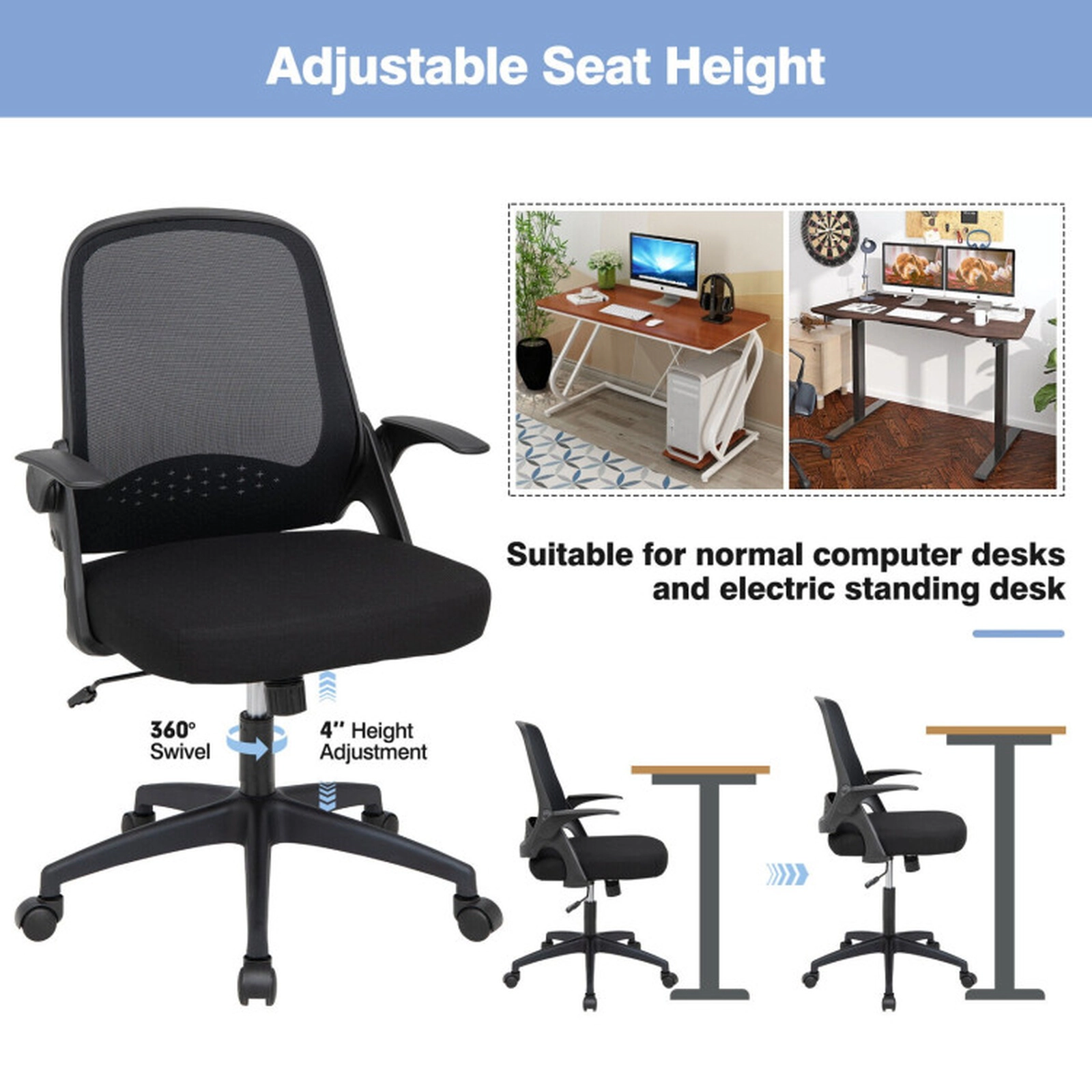 SUGIFT Adjustable Mesh Office Chair with Flip-up Armrests 330-Lb Capacity Black