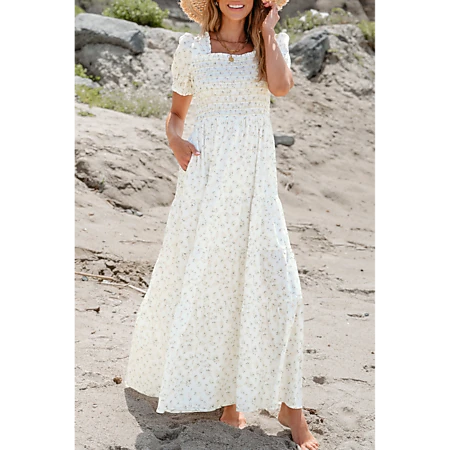 Anna-Kaci Women's Cap Sleeve V-Neck Smocked Waist Maxi Dress