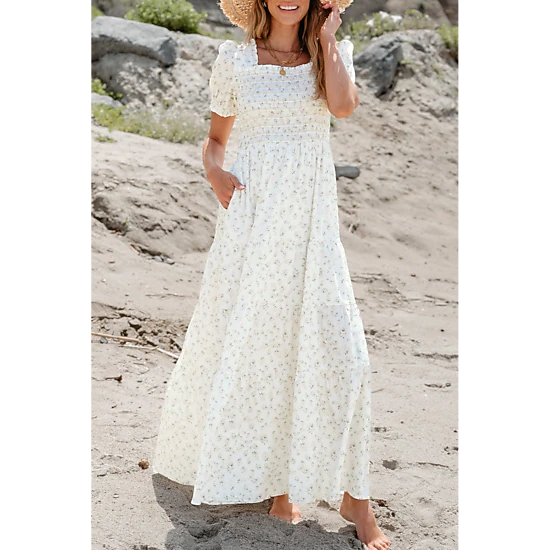 Threaded Pear Women's Robin Frilly Shirred Bodice Tiered Floral