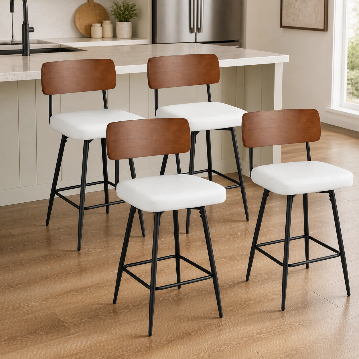 SUGIFT Set of 4 27-Inch Counter-Height Swivel Stools, Waterproof PU Seats, Curved Wood Backs