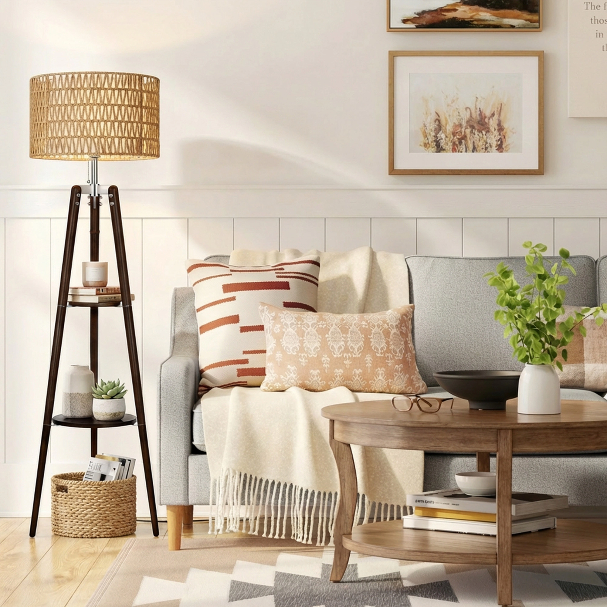 Mega Casa 61'' Tall Tripod Floor Lamp with 2-Tier Shelves, Standing Light with Rattan Shade, Corner Shelf Lamp
