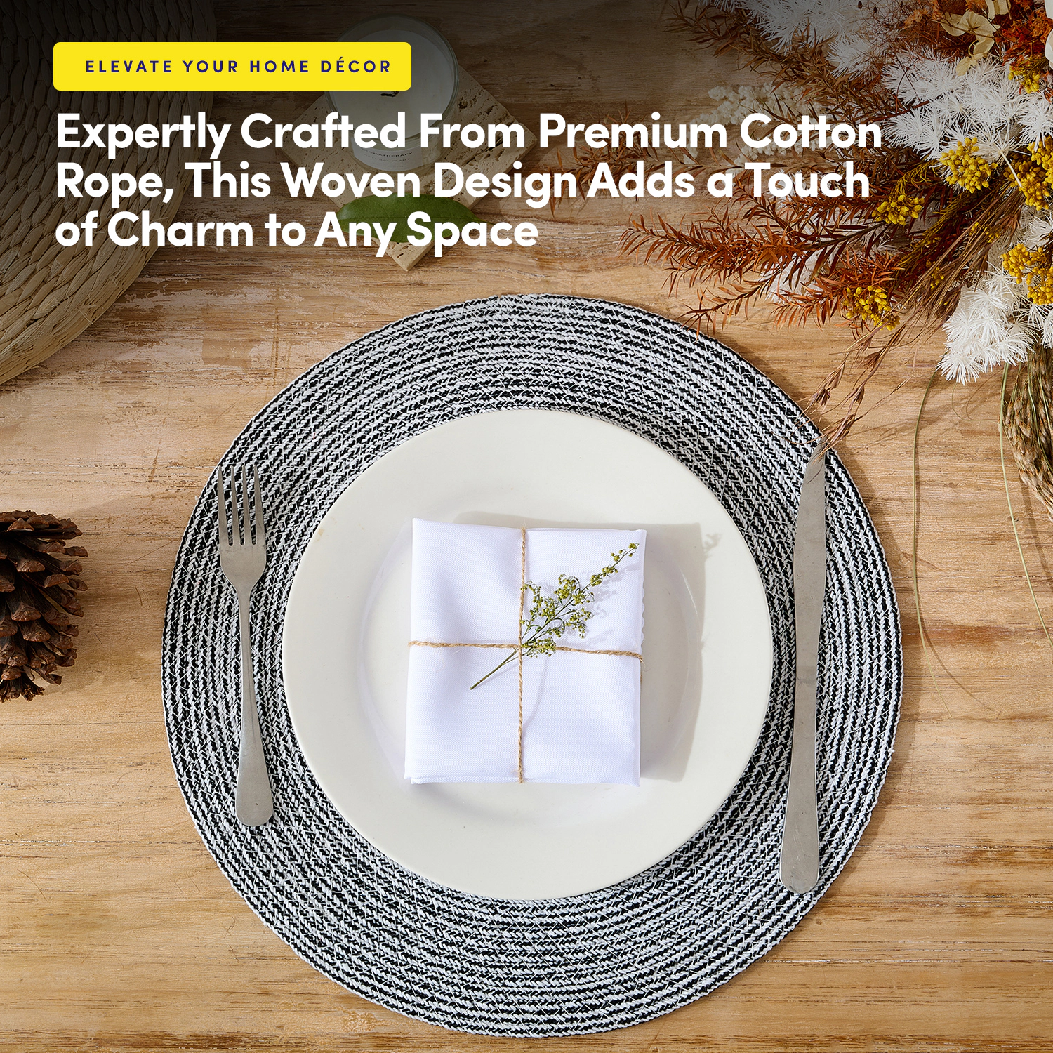 Sweet Home Collection Two Tone Cotton 15" Round Woven Placemat Sets -Pack