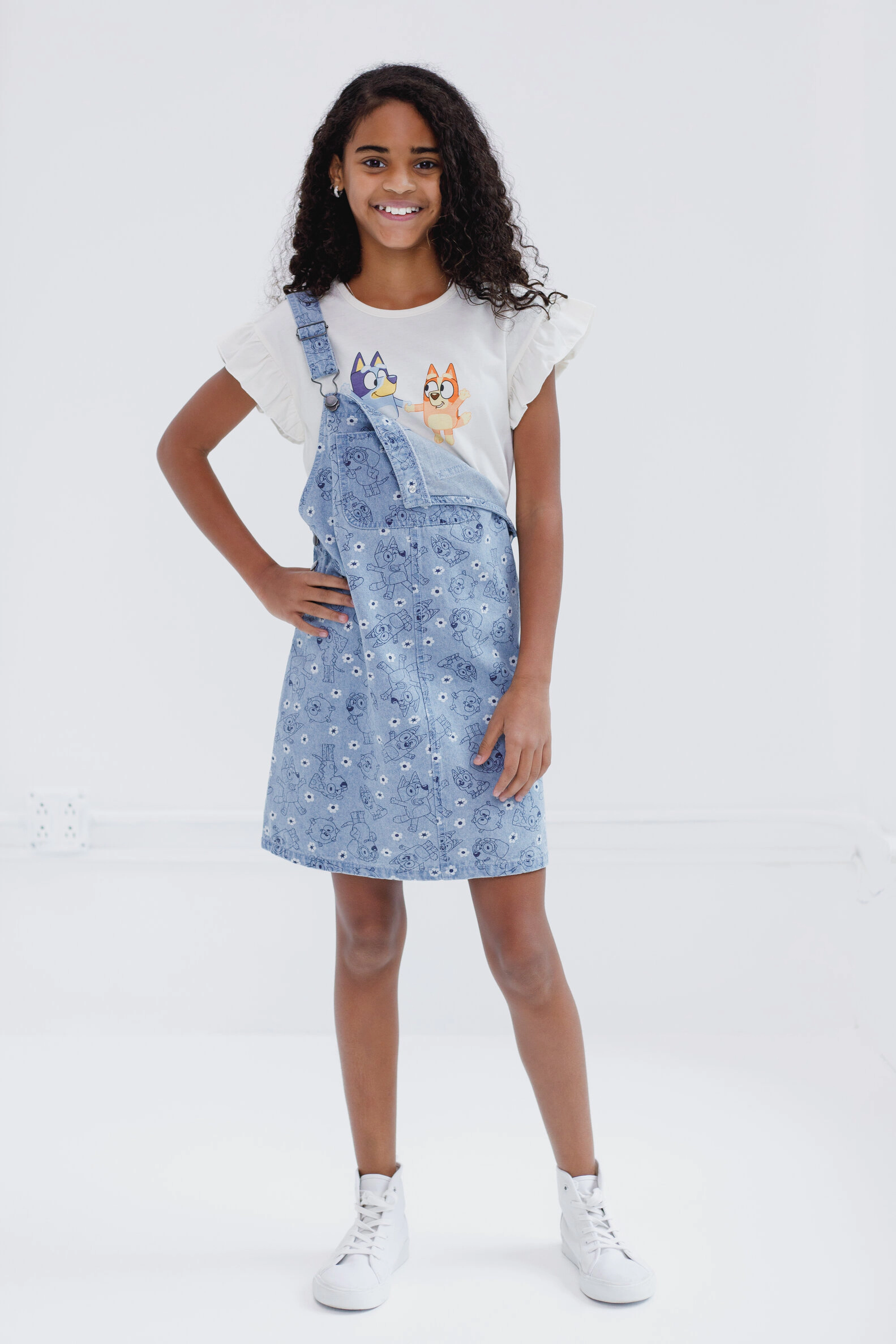 Bluey Girls' 2-Piece Tee and Denim Overall Dress Set