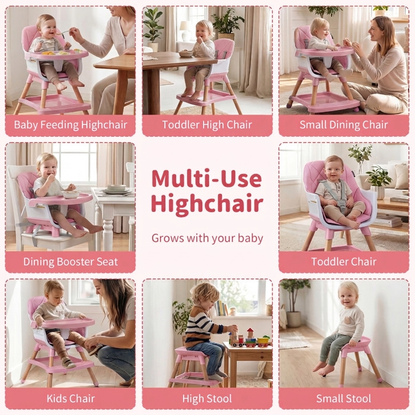 SUGIFT 9-in-1 Convertible High Chair for Babies and Toddlers with Seat Cushion 66-lb Capacity Ages 6 Months-3 Years Pink
