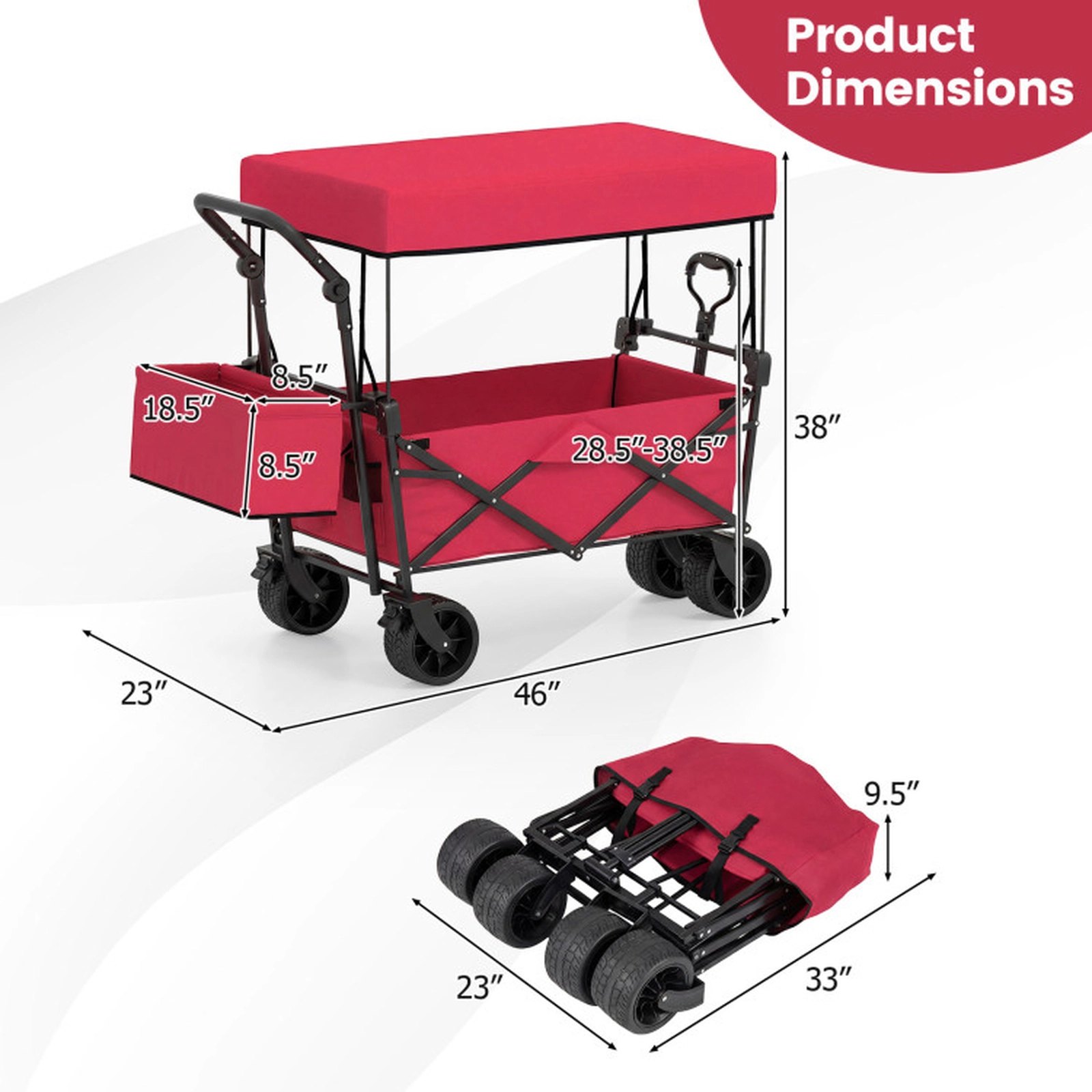 SUGIFT Collapsible Folding Wagon Cart Removable Canopy Storage Bag 150-lb Capacity 80-Liter 46 x 23 x 38-in Red