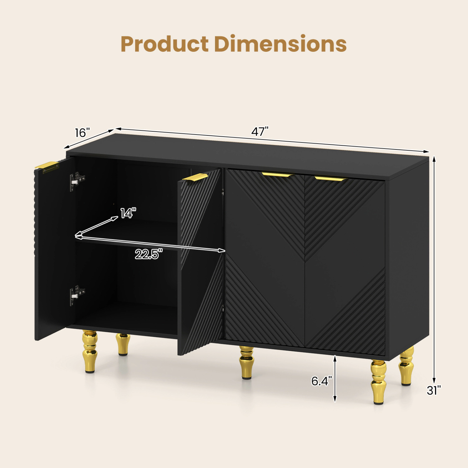 LJG 47" Sideboard Buffet Cabinet with 4 Chevron Fluted Doors & Anti-Toppling Devices for Kitchen
