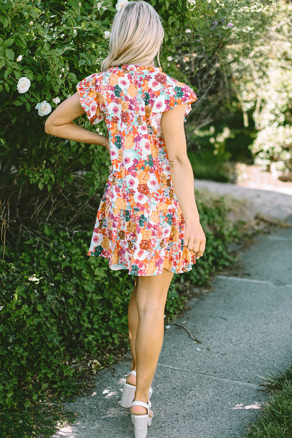 Threaded Pear Women's August Floral Print Split Neck Flutter Sleeve Dress