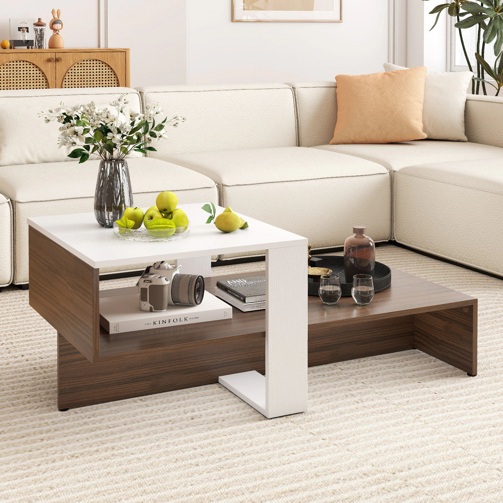 Glintex 2-Tier 31-Inch Geometric Coffee Table with Irregular Storage Shelf, White+Brown