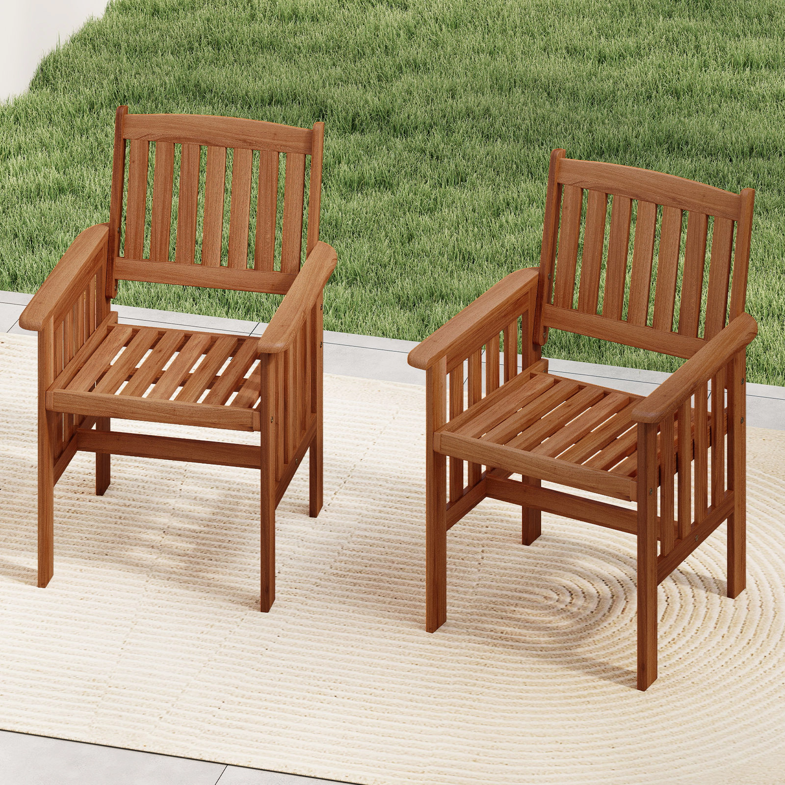 SUGIFT Set of 2 Solid Wood Patio Chairs with Armrests Slatted Seat Inclined Backrest 300-lb Capacity Natural