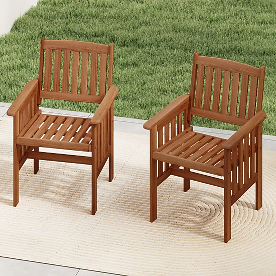 SUGIFT Set of 2 Solid Wood Patio Chairs with Armrests Slatted Seat Inclined Backrest 300-lb Capacity Natural
