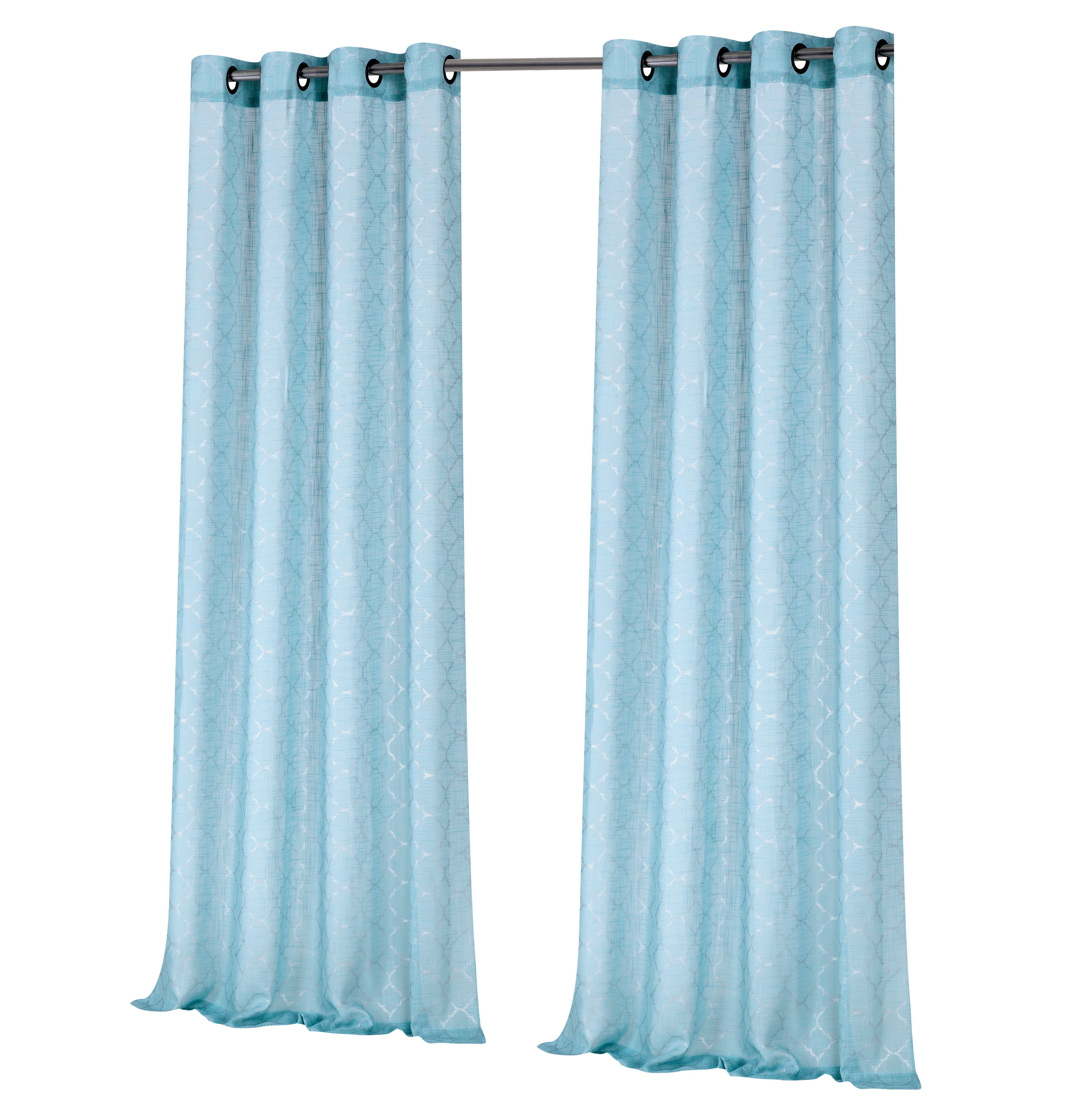 Kate Aurora 2 Piece Silver Sparkly Semi Sheer Trellis Quatrefoil Grommet Top Window Curtain Panels - 84 in. Long