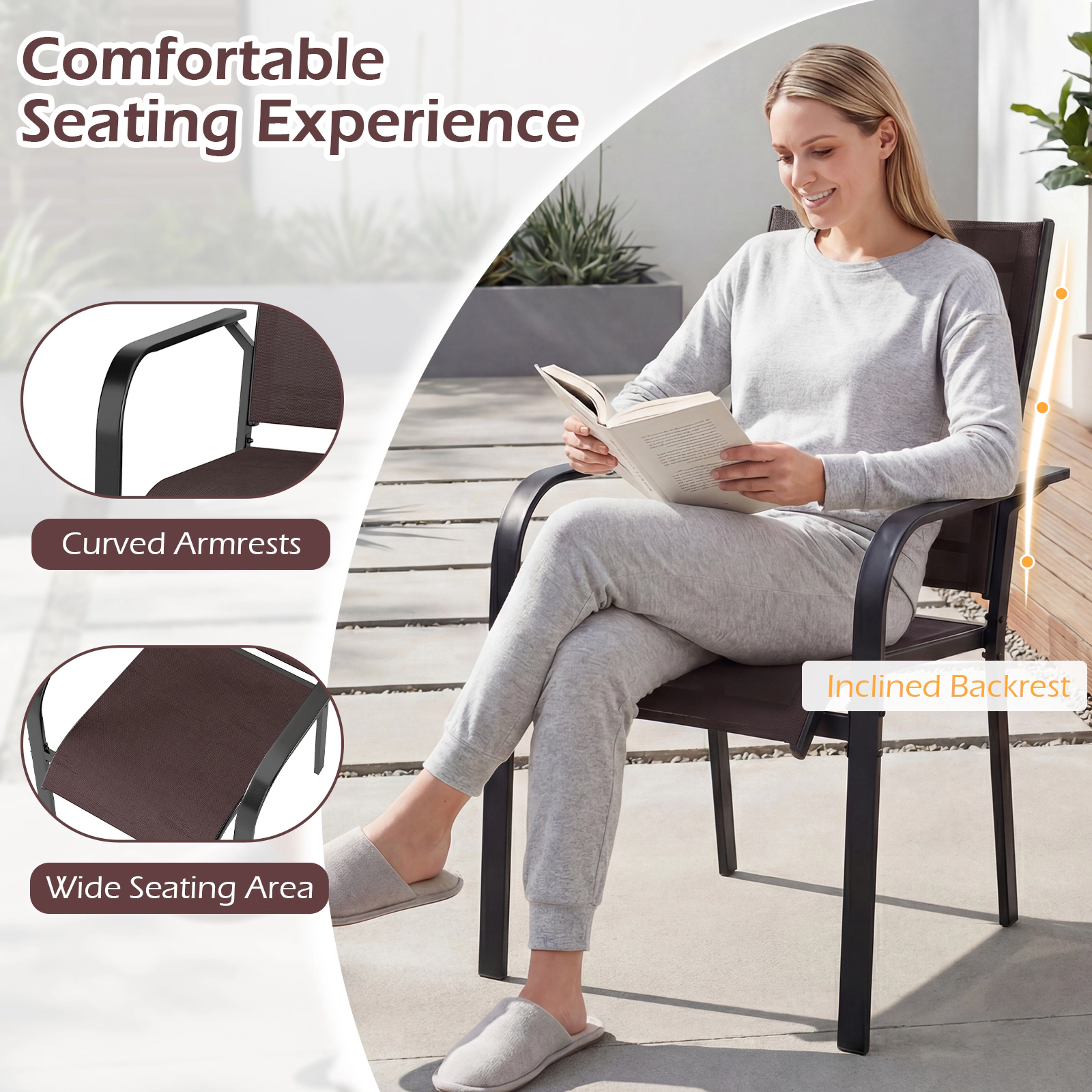 SUGIFT Stackable Metal Patio Dining Armchairs with Breathable Mesh 350-lb Capacity Coffee 22 x 21 x 36 in Set of 2