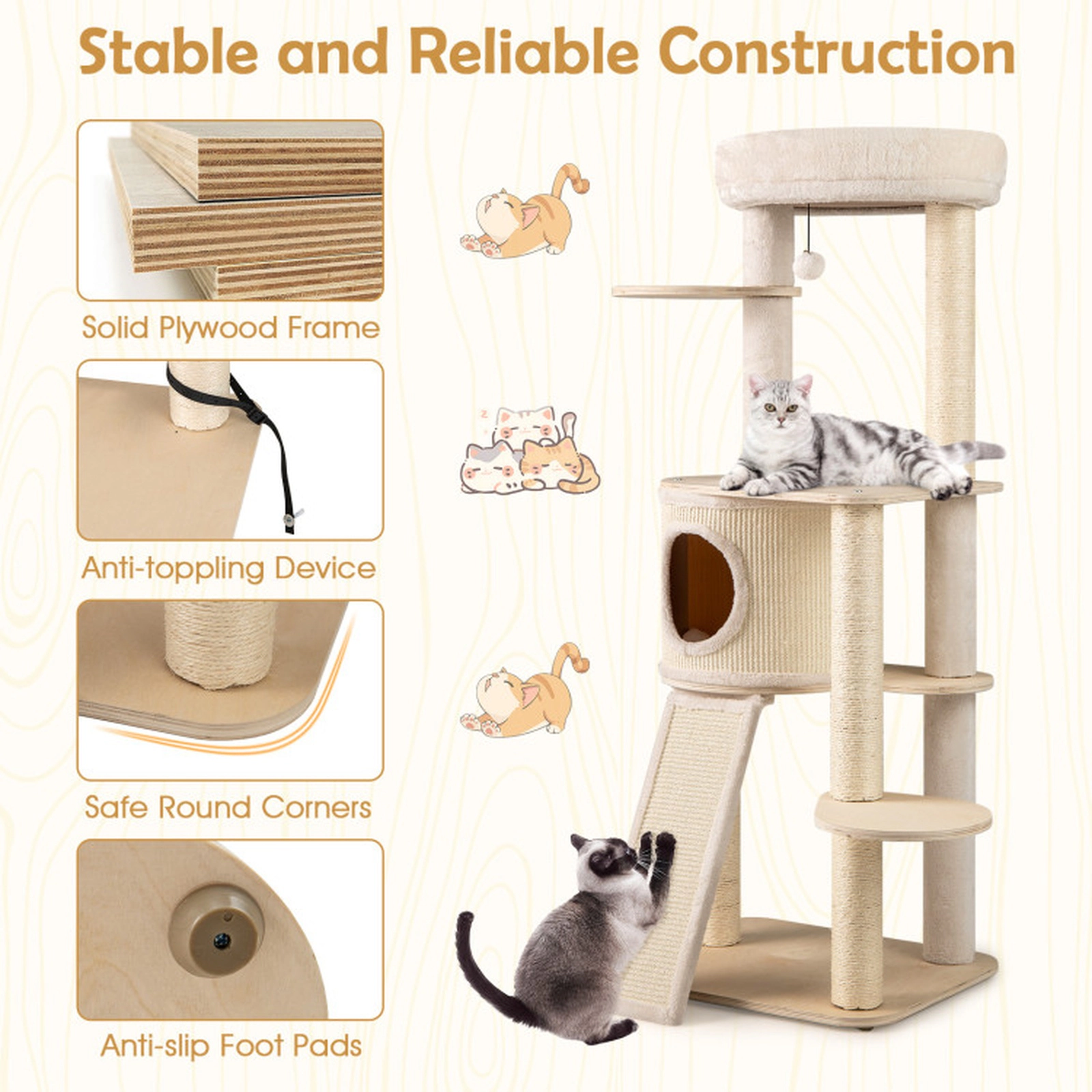 SUGIFT 56-in Natural Birch Plywood Cat Tree with Washable Condo Cover 20-in Padded Perch and Ladder