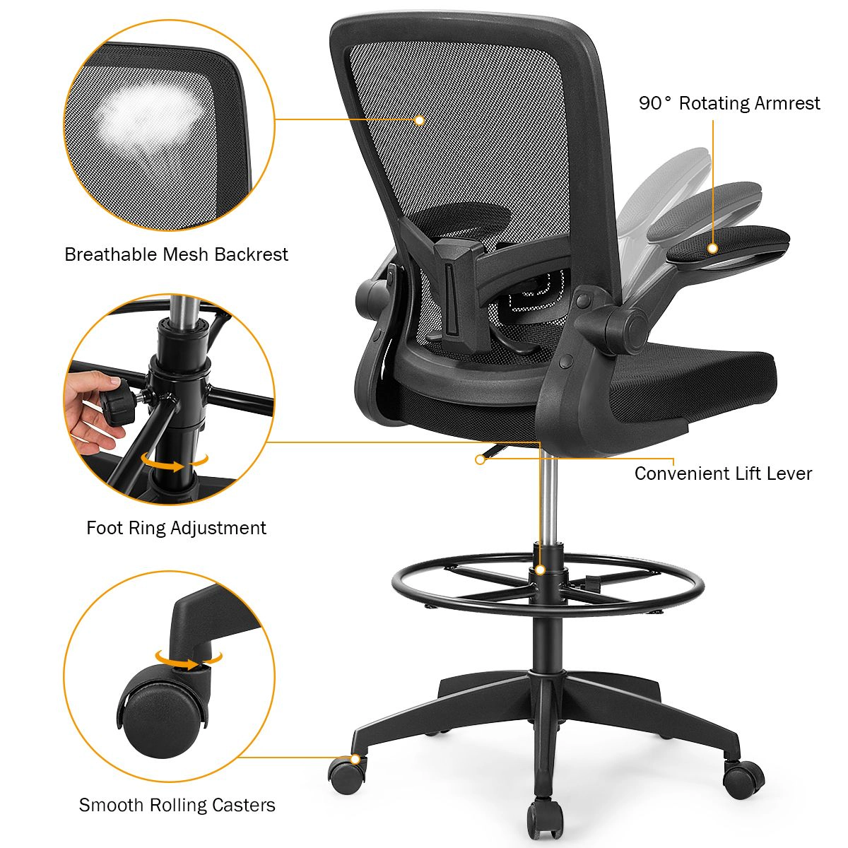 SlickBlue Ergonomic Drafting Office Chair with Mesh Back and Wheels