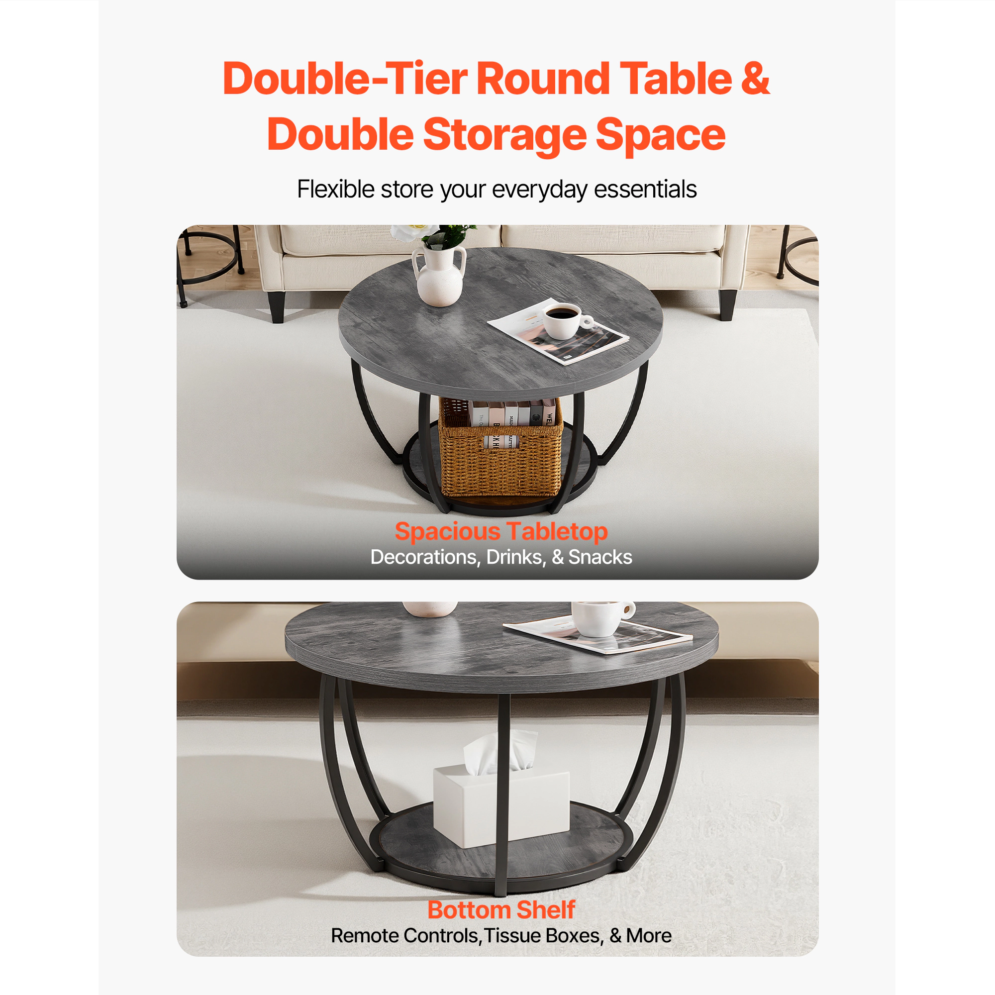 HONGGE Coffee Table Modern Round Coffee Table 2 Tiers Wooden Circle Center Desk with Open Storage Minimalist Sturdy