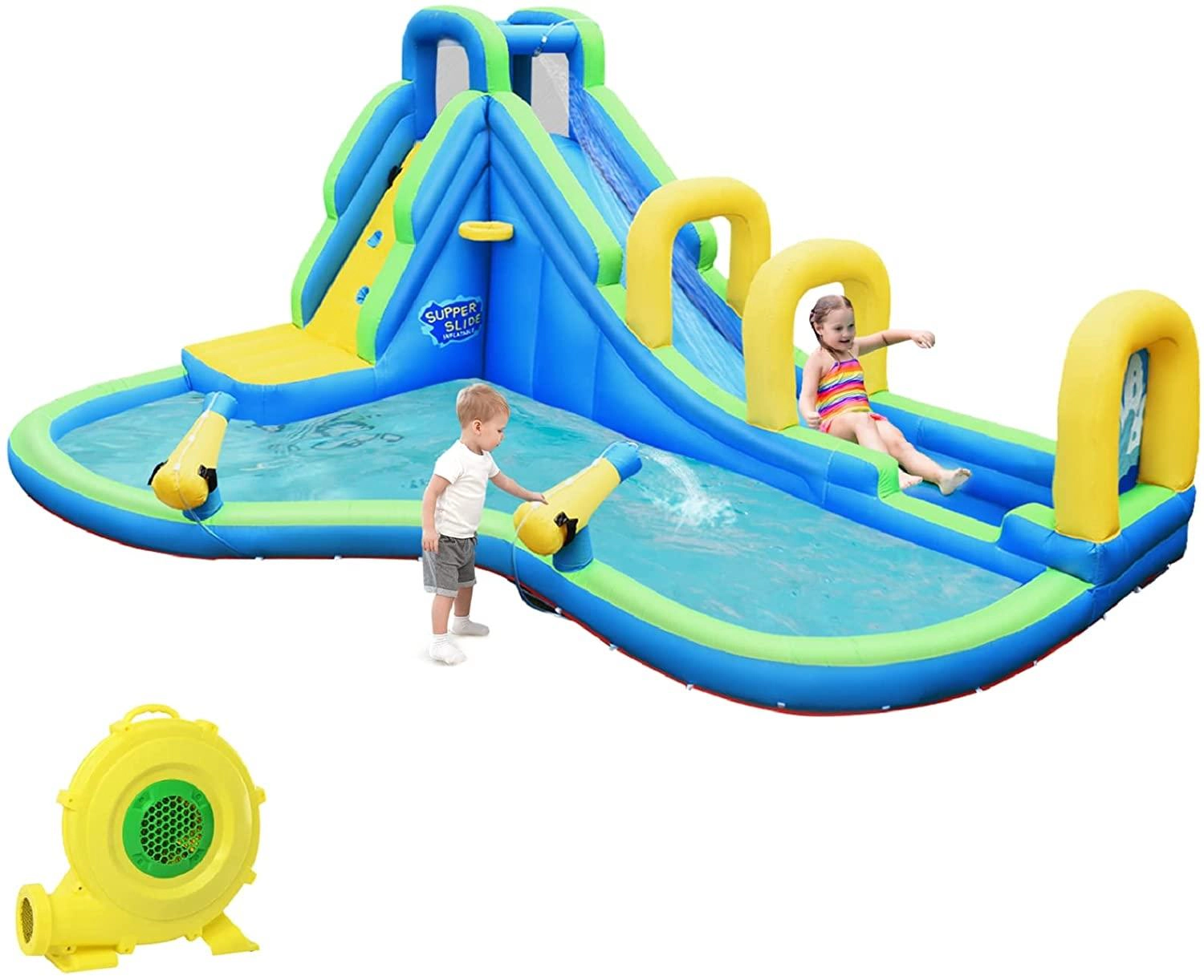 SUGIFT Blue 188-in Multifunctional Inflatable Water Bounce House with Slide and 735W Blower for Backyard