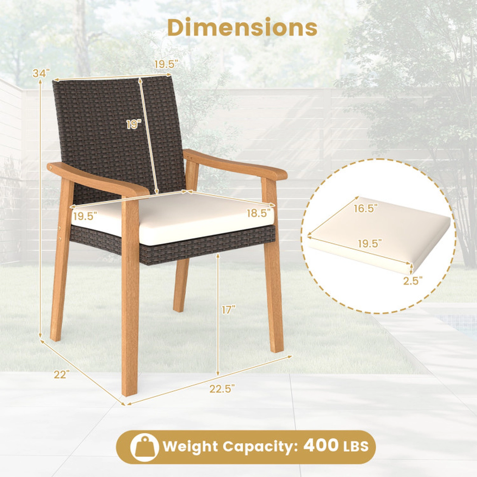 SUGIFT Set of 4 PE Rattan Cushioned Armrests Patio Dining Chairs 22.5-in x 22-in x 34-in 400-lb Capacity Off White