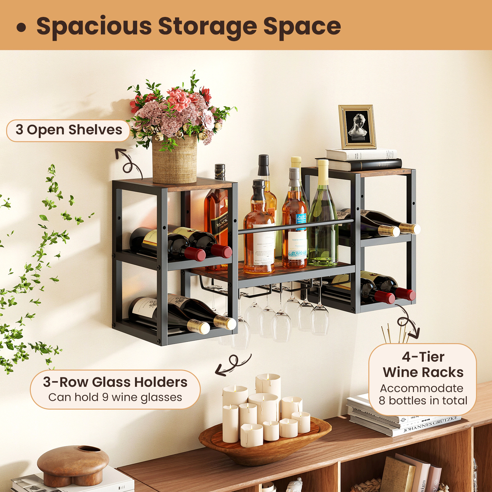 SUGIFT Wall Mounted Wine Rack Rustic Brown with Glass Holder and 8 Bottle Slots
