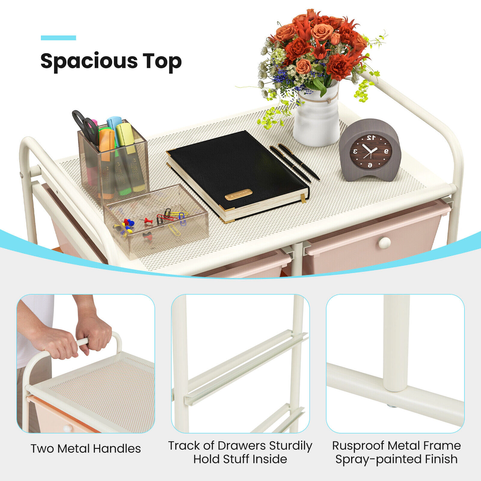 SUGIFT 26-in 10-Drawer Rolling Storage Cart Craft Organizer with 5-in Deep Drawers and Mesh Top Shelf