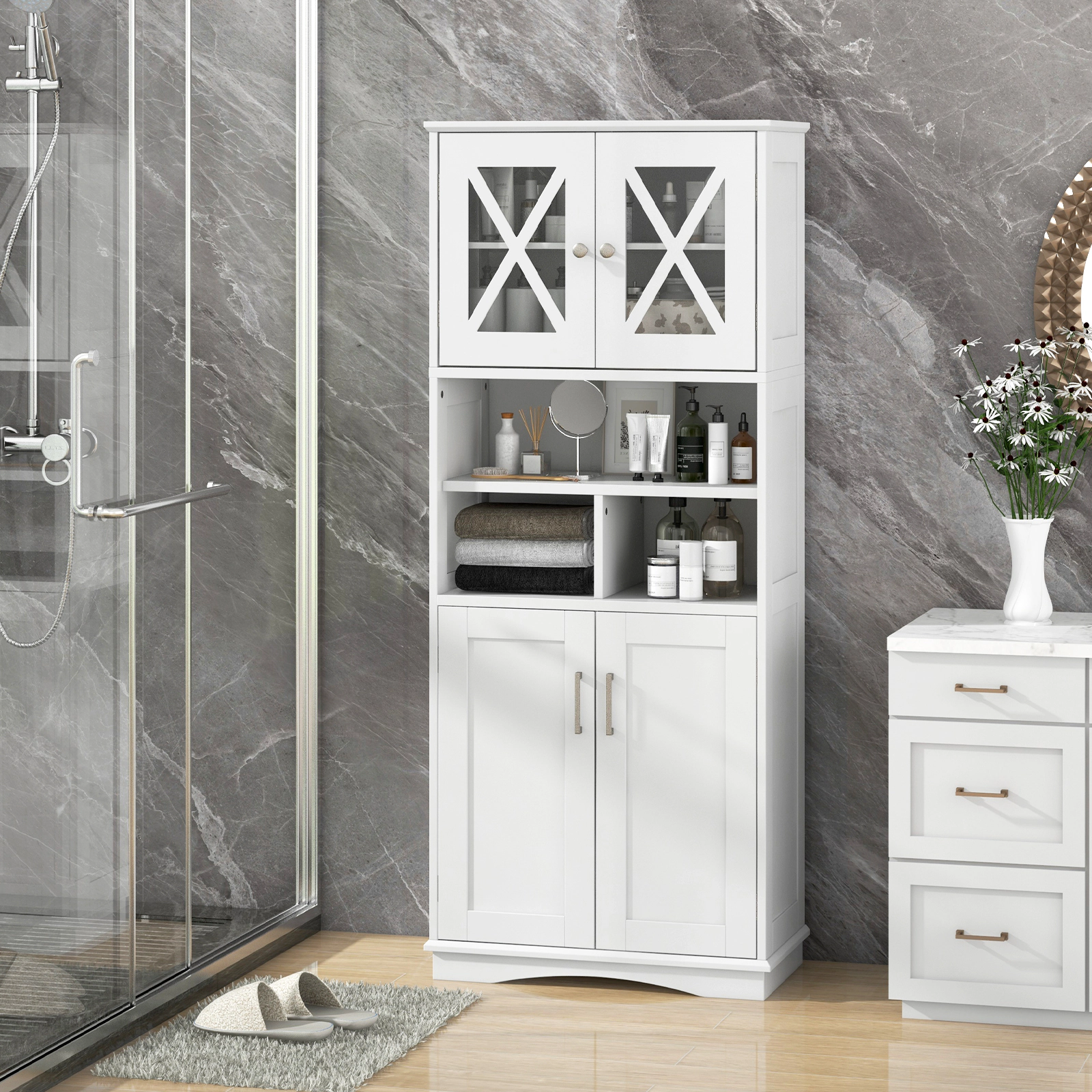 SUGIFT White 57-in Tall 100-lb Capacity Bathroom Floor Storage Cabinet with Acrylic Doors and 3 Open Cubes