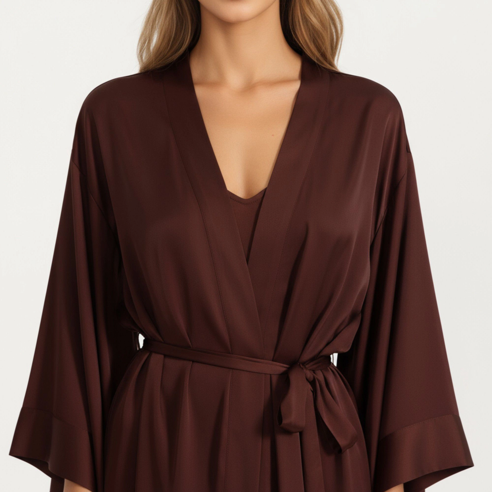 Anna-Kaci Women's Satin Mid-Length Robe with Waist Tie and Wide Sleeves