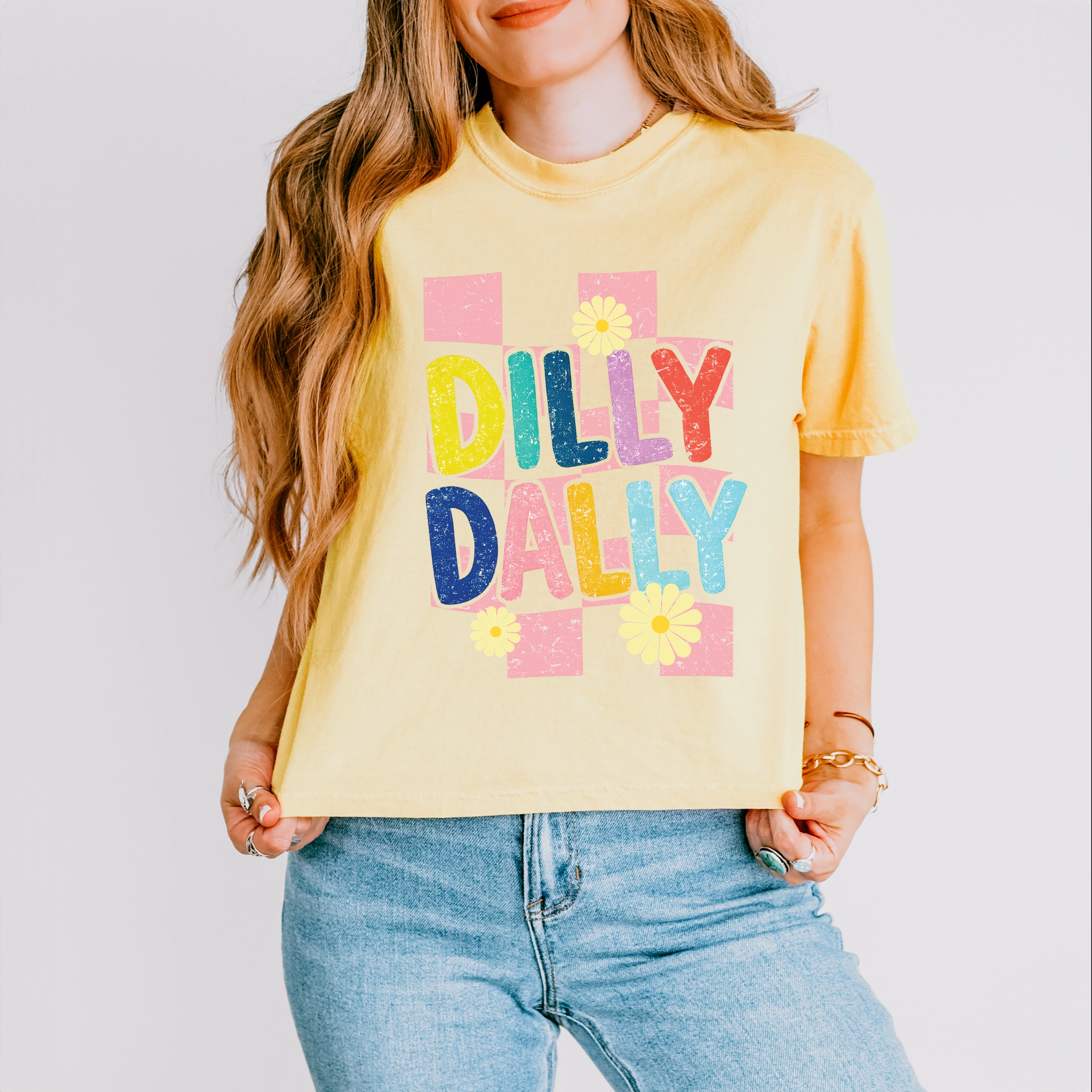 Simply Sage Market - Dilly Dally Checkered Women's Boxy Crop Top Graphic T-Shirt