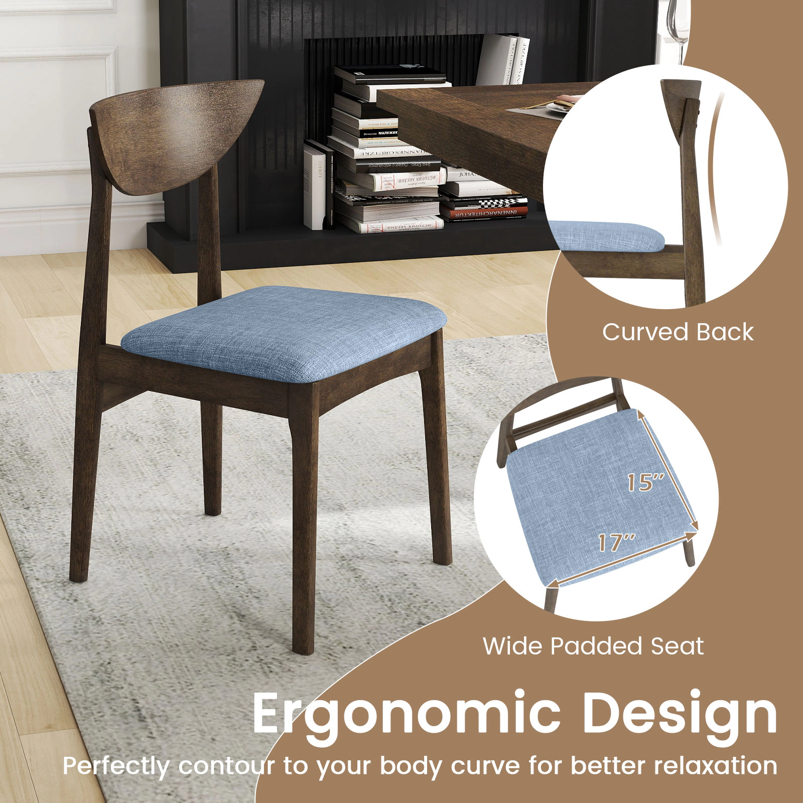 SUGIFT Upholstered Wooden Dining Chair Set of 2 with Rubber Wood Legs 350-Lb Capacity Brown+Gray