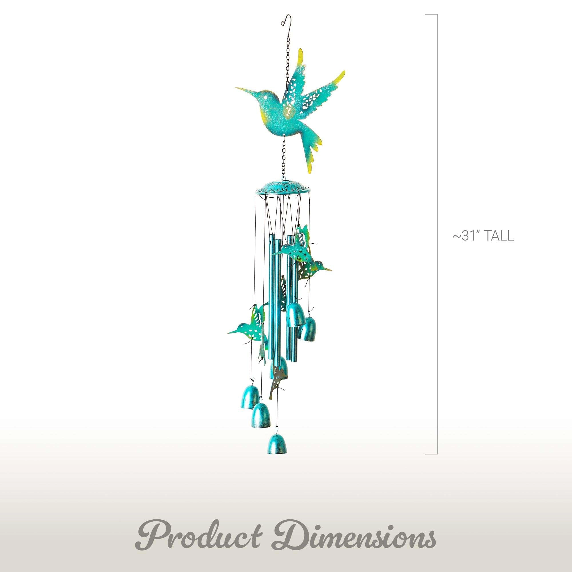 G128 Blue Hummingbird Wind Chime 32" - Hand-Painted Metal Outdoor Chime for Garden Patio Porch