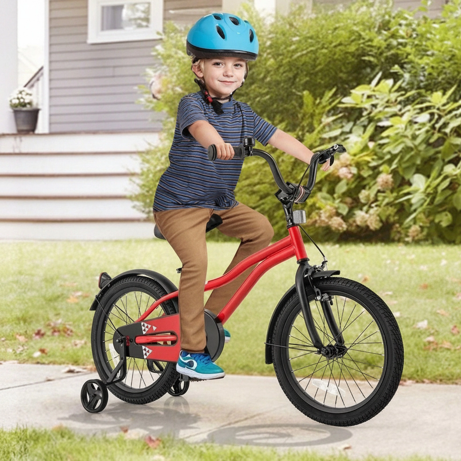 18-in Kids Bike Red Bicycle Quick Release Seat Detachable Training Wheels Puncture Resistant Tires Bell Ages 4-8