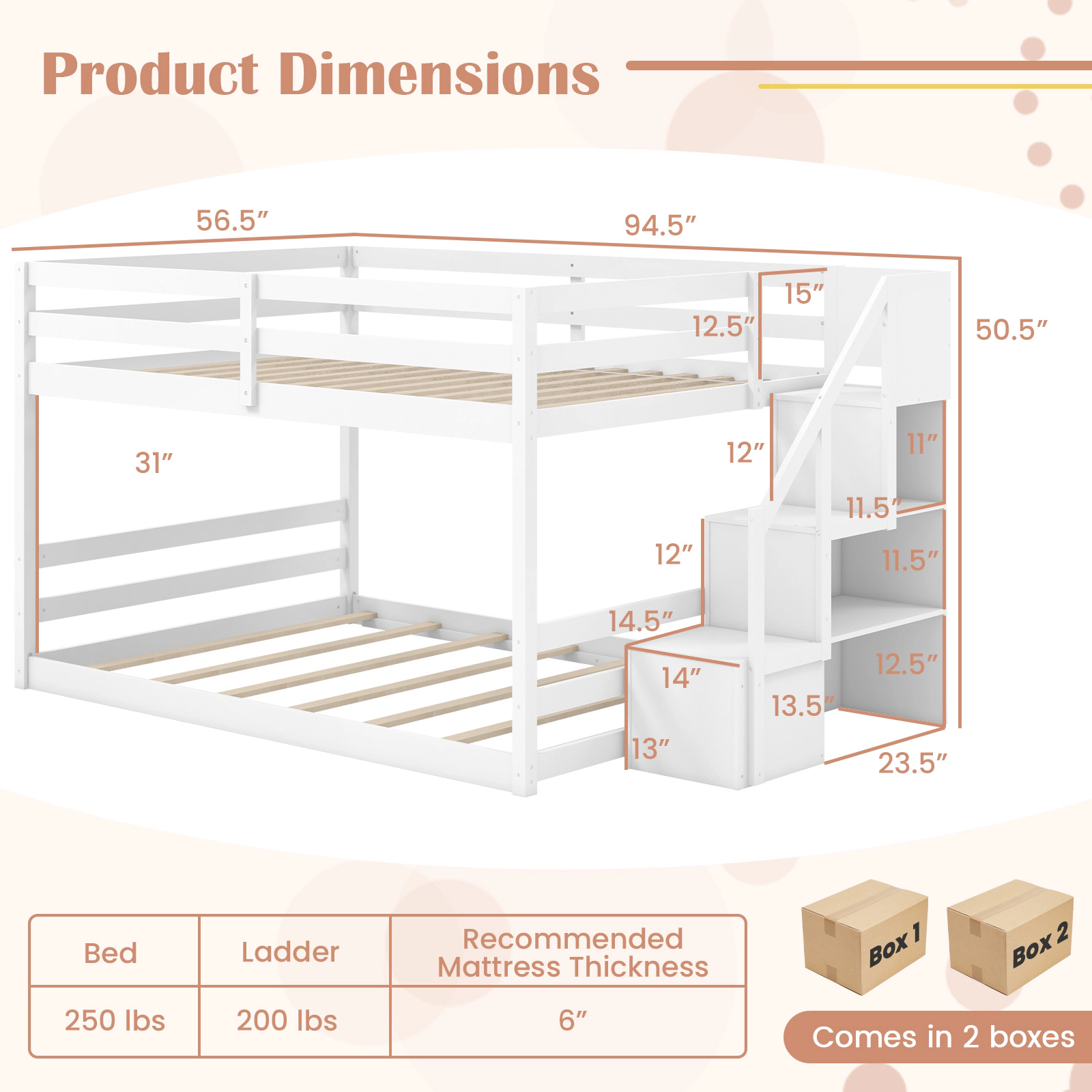 SUGIFT Full-Over-Full Low Bunk Bed with Storage Stairs, Handrails, White