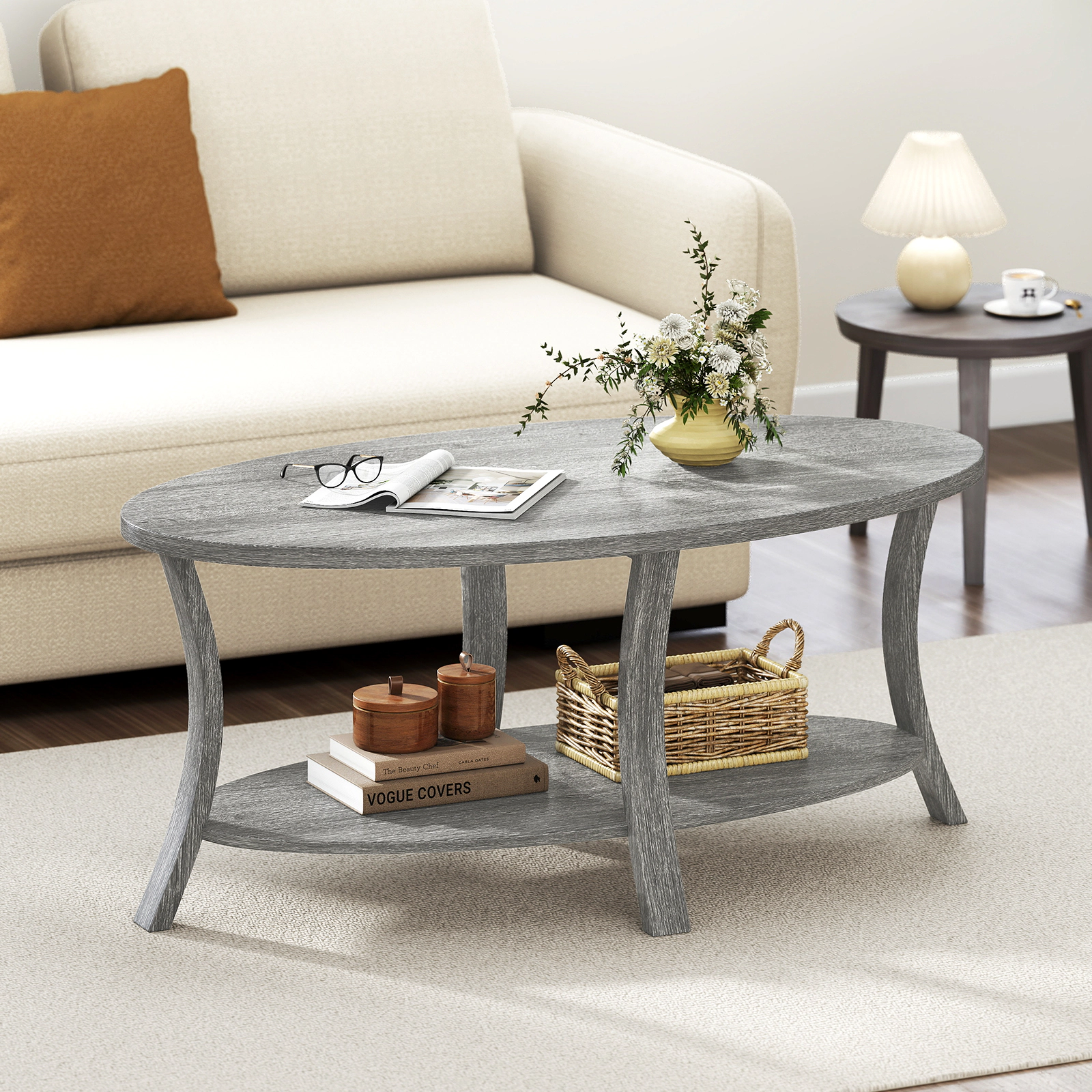 Glintex 2-Tier 44-Inch Oval Coffee Table with Storage Shelf and Wood Legs, Gray