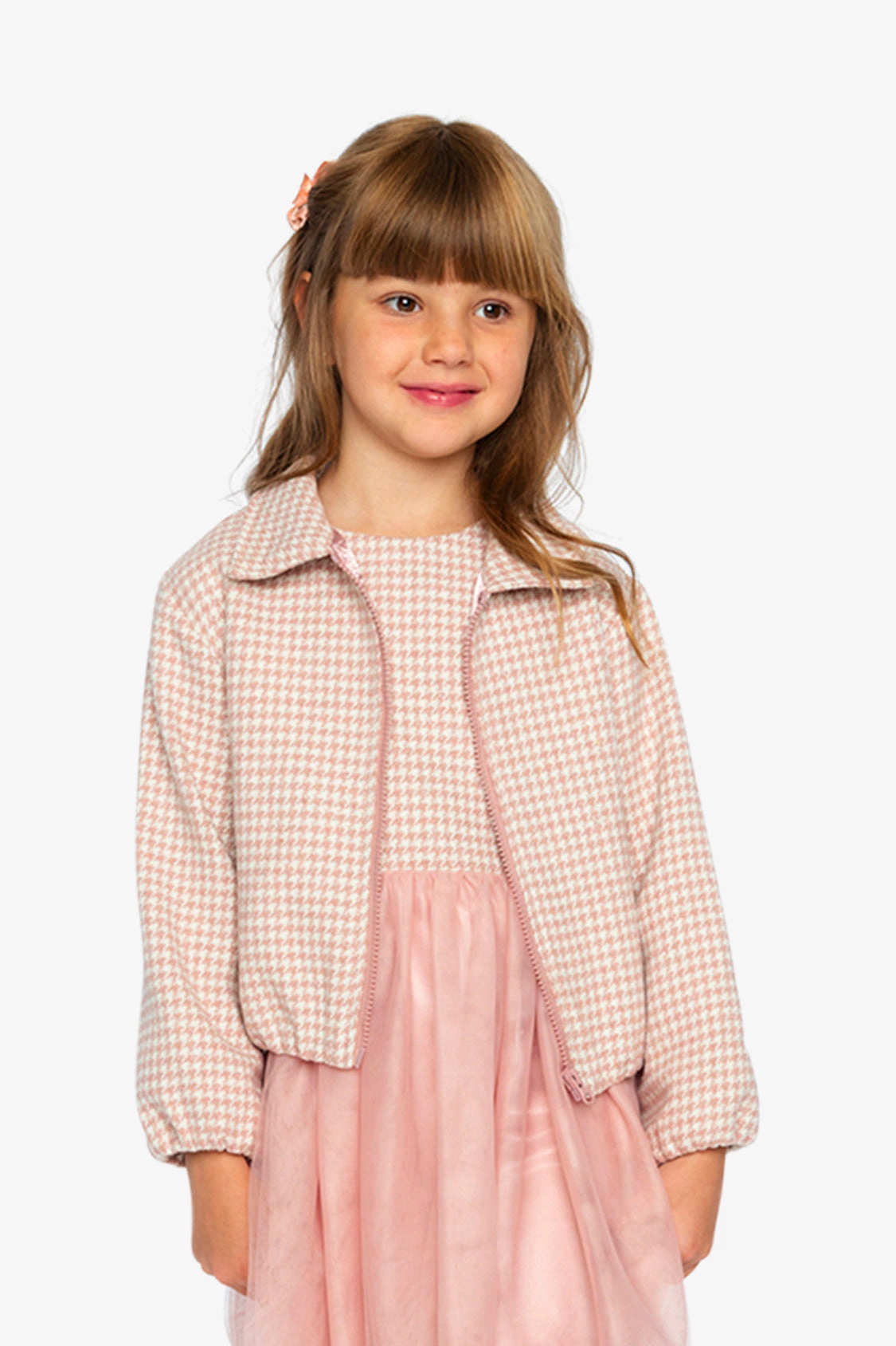 Deux par Deux Girls Zip Front Gathered Houndstooth Bomber Jacket with Side Pockets