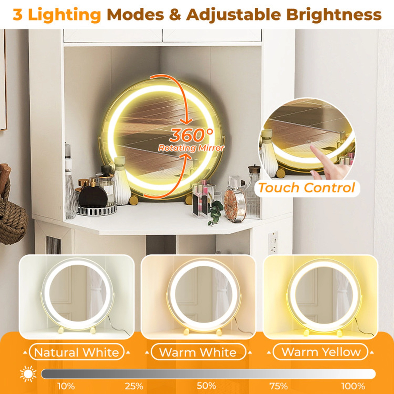 SUGIFT Compact Corner Dressing Vanity Desk with 360° Lighted Mirror 33.5-in Table 143-lb Desk 165-lb Stool White