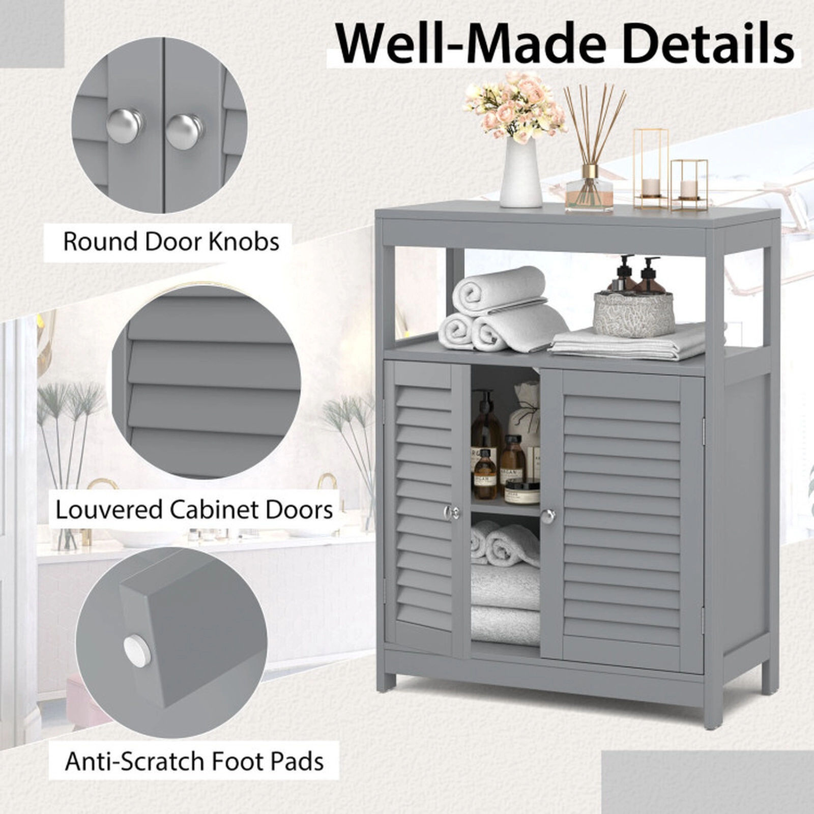 SUGIFT Gray 77-lb Top Capacity Freestanding Bathroom Floor Cabinet with Double Shutter Doors and 3-Position Shelf