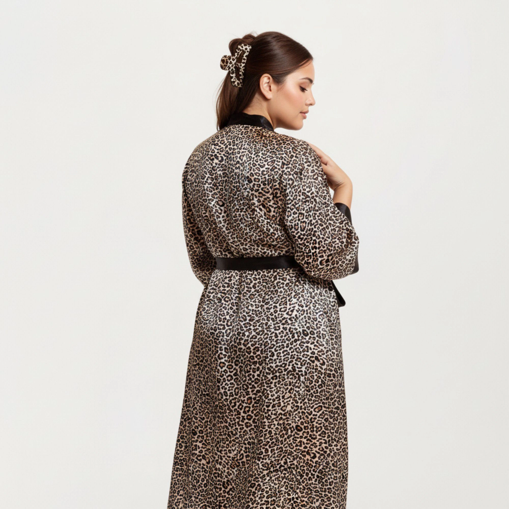 Anna-Kaci Women's Leopard Print Satin Robe Contrast Trim Silky Fabric Waist Tie Closure and Flowing Longline Silhouette