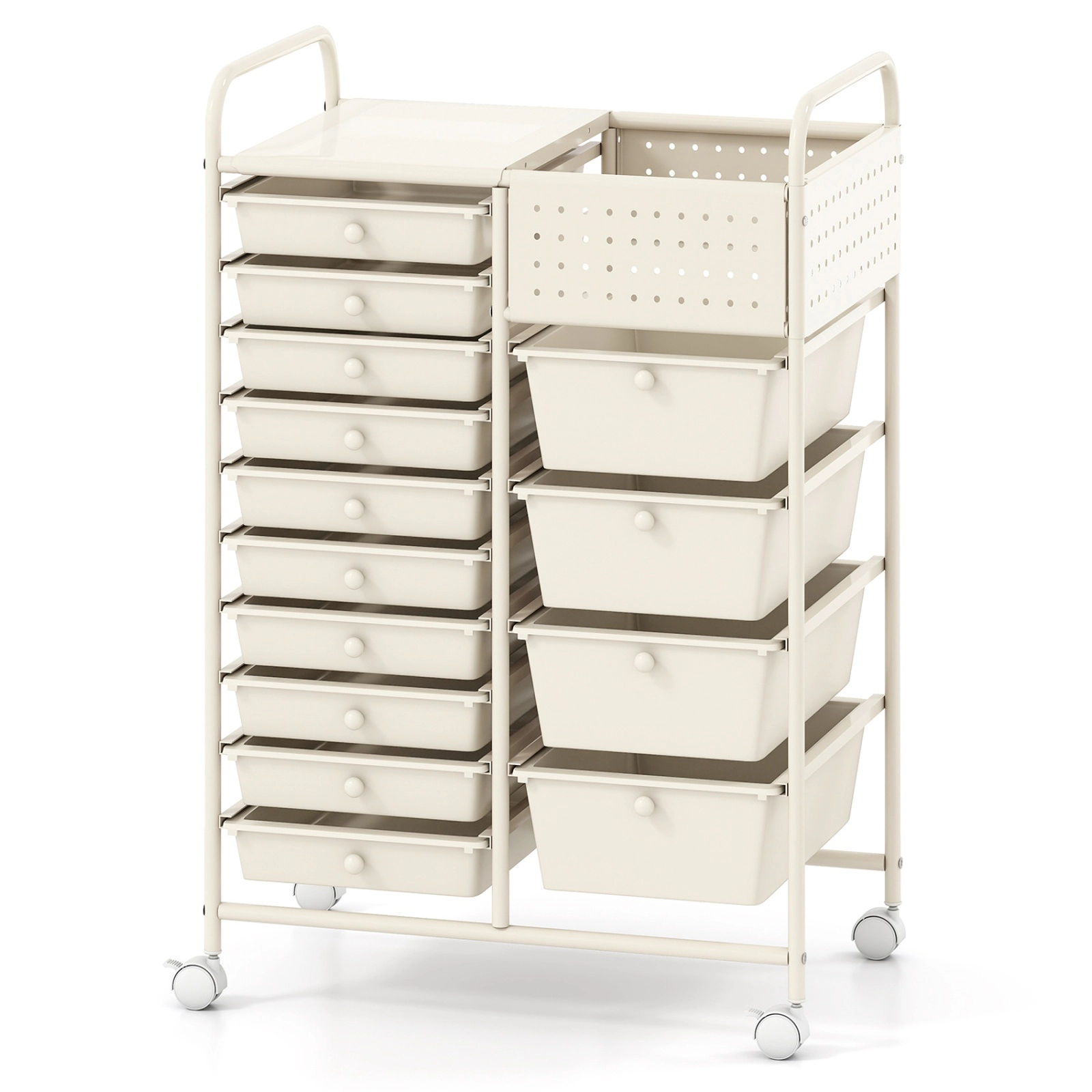 SUGIFT 14-Drawer Rolling Storage Cart with Metal Tabletop and Pegboard 34.5-in Tall White