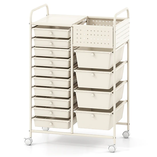 SUGIFT 14-Drawer Rolling Storage Cart with Metal Tabletop and Pegboard 34.5-in Tall White
