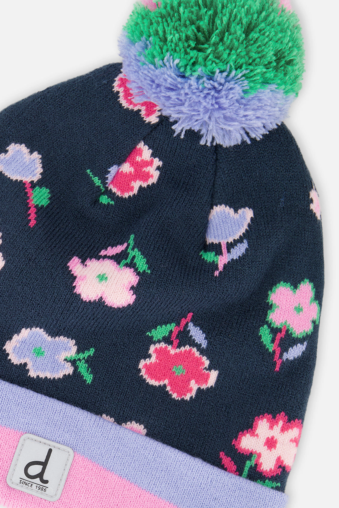Deux par Deux Girls Floral Print Winter Knit Hat with Pompom