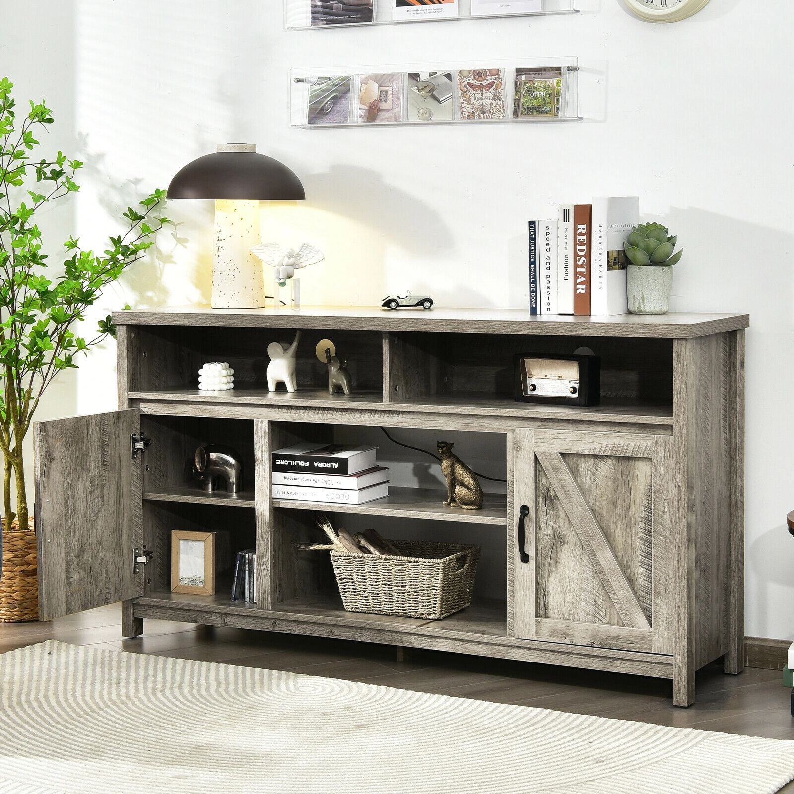 LJG 59 Inch TV Stand Media Center Console Cabinet with Barn Door for TV's 65 Inch