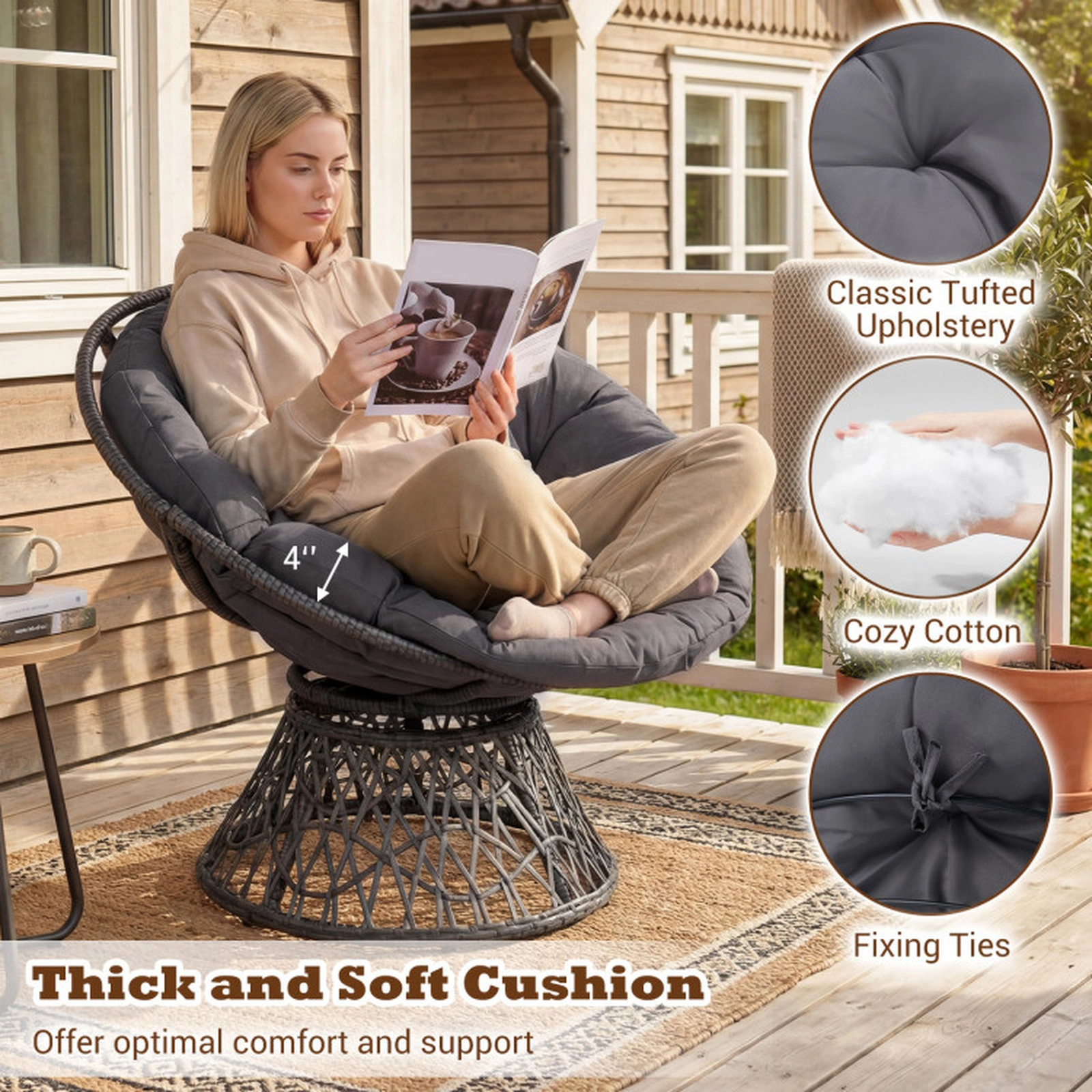 SUGIFT 360-Degree Swivel PE Rattan Cushioned Round Papasan Lounge Chair 32.5-in x 37-in x 33-in 350-lb Capacity Gray