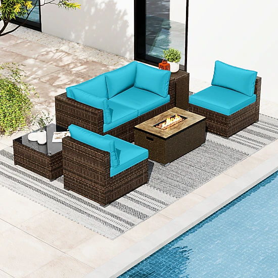 SUGIFT 9-Piece Gray Patio Wicker Sectional Set with 50000-BTU Fire Pit Table 35-in W 330-lb Tabletop Capacity