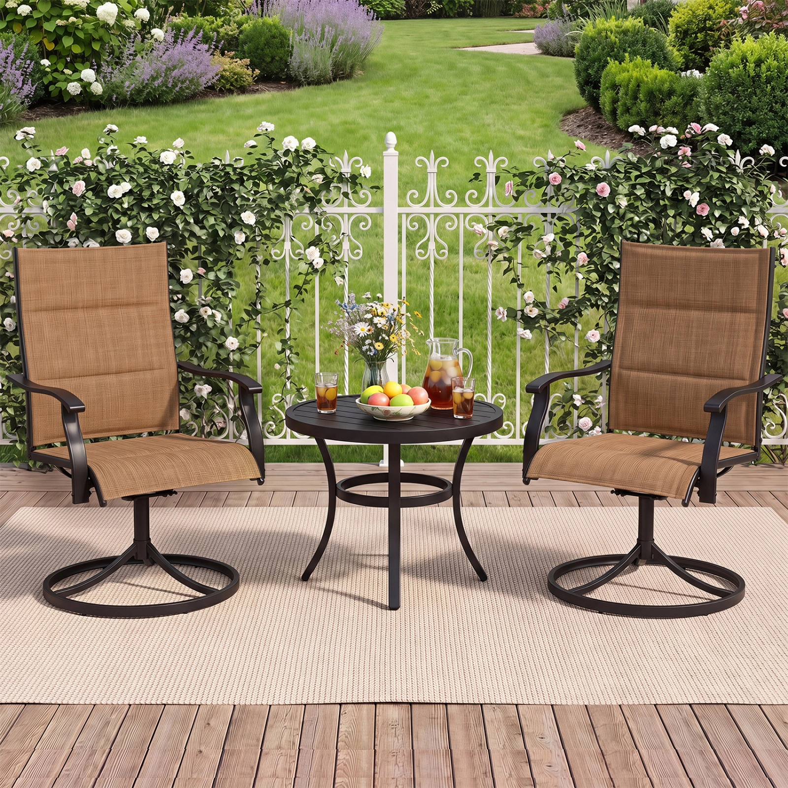 SUGIFT Set of 2 Padded Swivel Patio Dining Chairs with Curved Armrests and Metal Frame