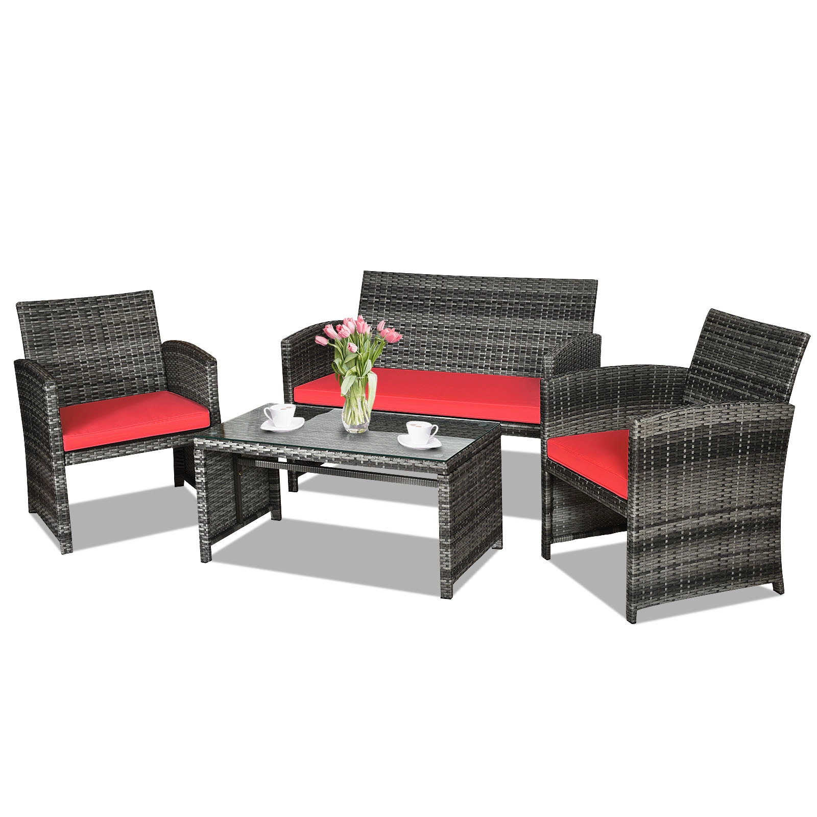SUGIFT Loveseat 2 Chairs and Glass Table 4-Piece Patio Rattan Conversation Set