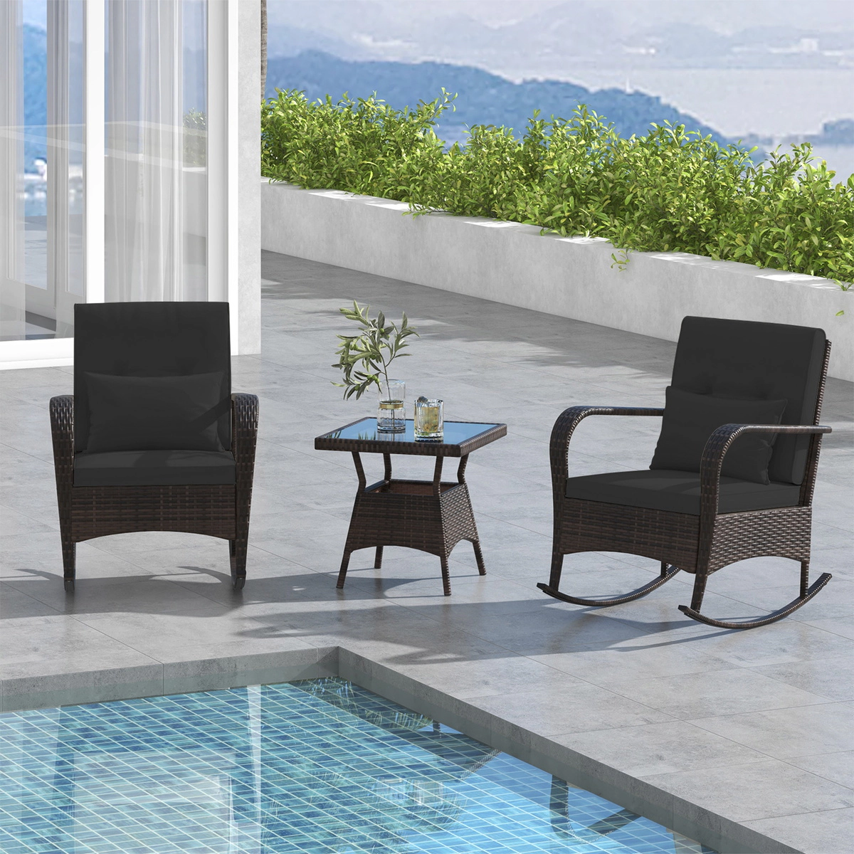 SUGIFT 3-Piece Brown Outdoor Rocking Bistro Set with 2 Wicker Chairs and Glass Coffee Table