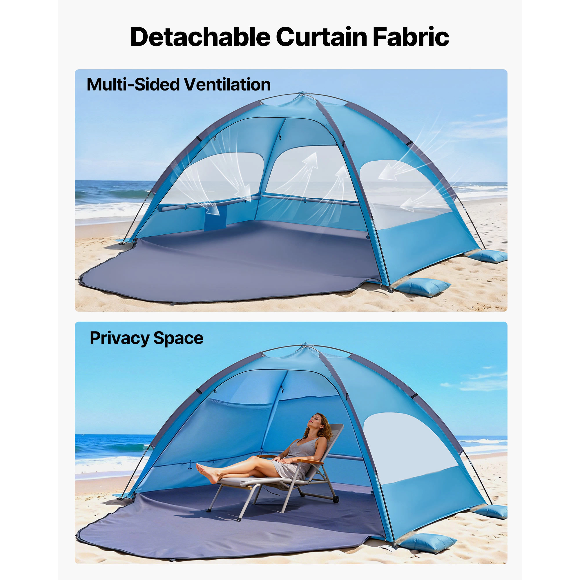 HONGGE Beach Tent Sun Shelter for 4 People, UPF 50+ Portable Sun Shade Canopy with Sand Pockets for Camping & Fishing