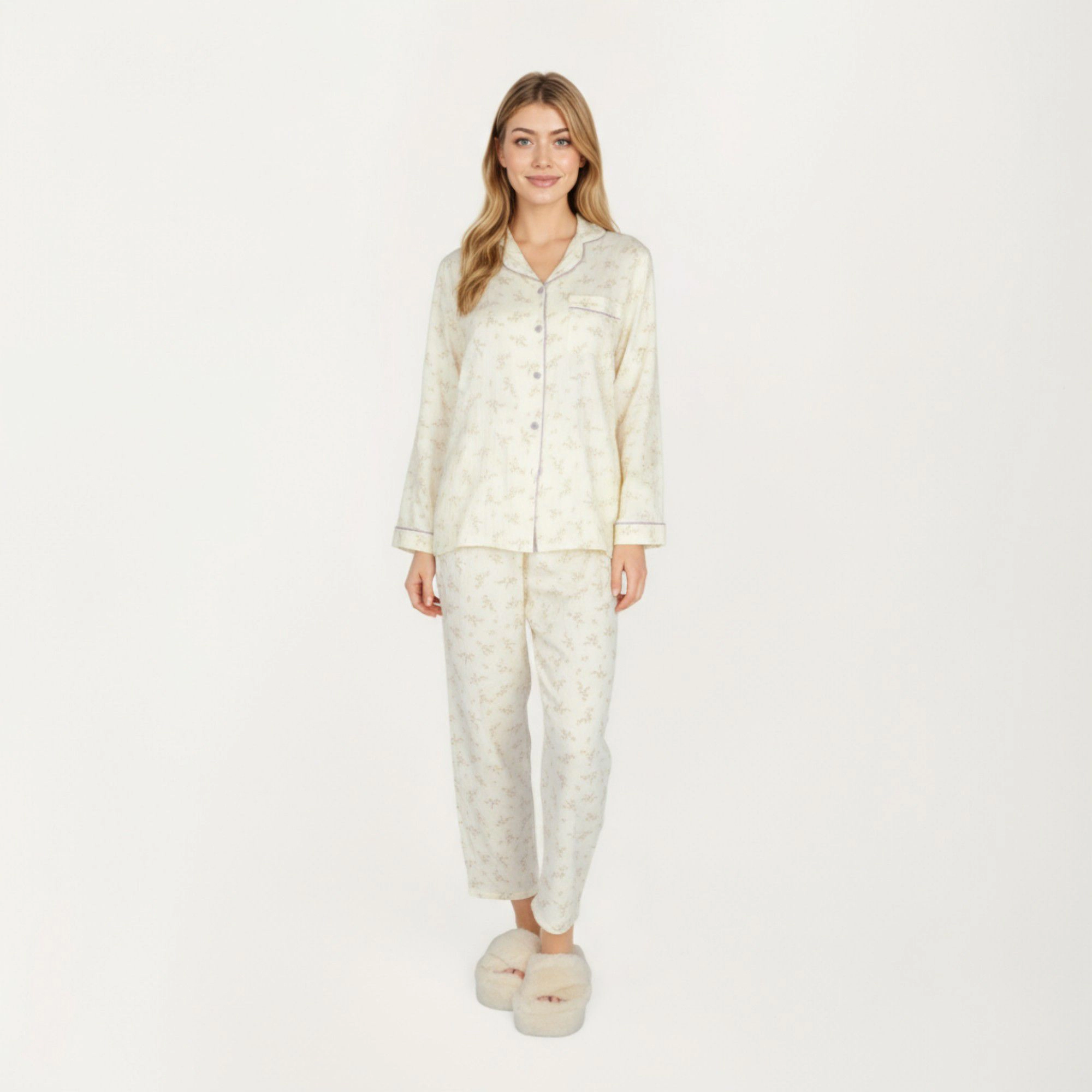 Anna-Kaci Women's 2-Piece Long Sleeve Button Front Top and Relaxed Fit Pants Pajama Set with Floral Print
