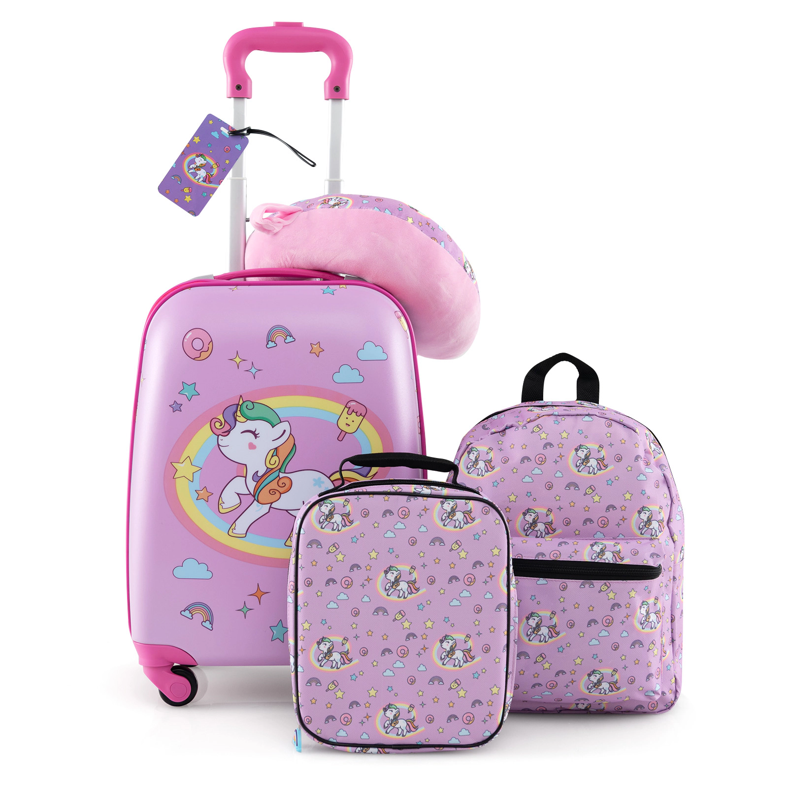SUGIFT Kids 5-Piece Backpack Neck Pillow Lunch Bag Name Tag Hardshell Luggage Set 15-in x 12-in x 29-in Hot Pink