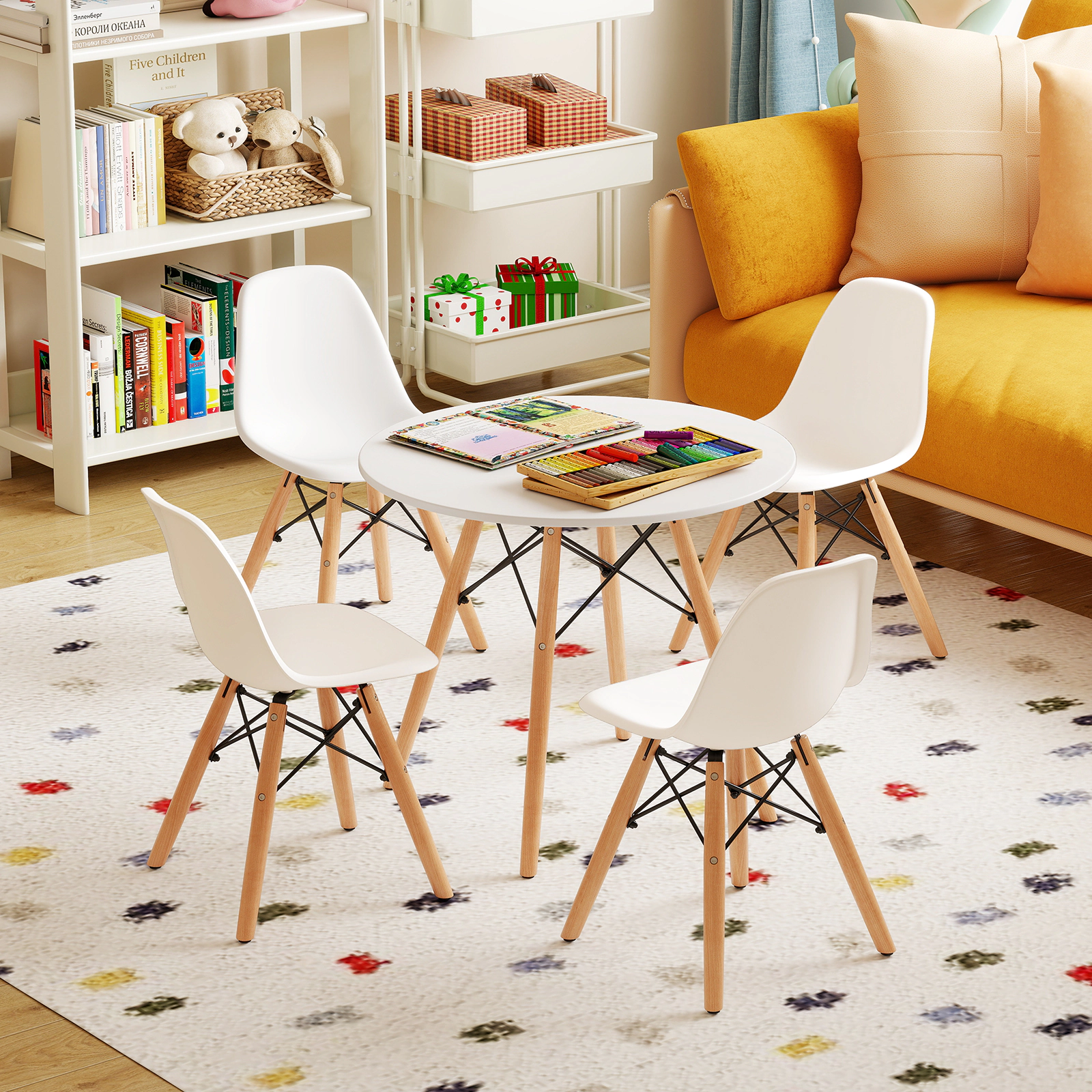 SUGIFT Kids Table and Chairs Set, 5-Piece Mid-Century Modern, Round 23.5-Inch Table, 4 Chairs